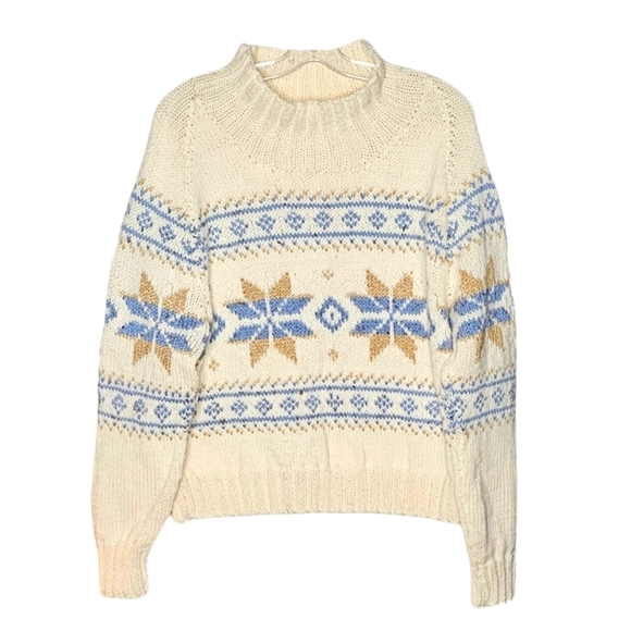 Sweaters - *** SOLD *** Handmade Cream Light Blue Nordic Mock Neck Sweater Snowflake Design